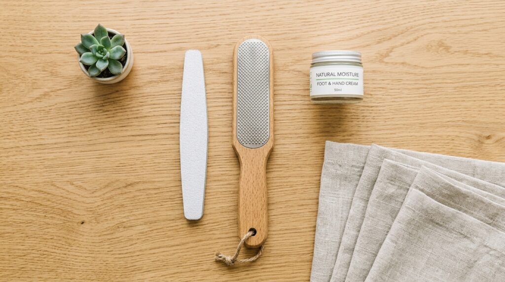 A close-up showing a standard emery board next to a large wooden foot file.