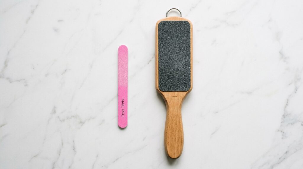 A close up comparison of a standard emery board nail file next to a large metal foot file.