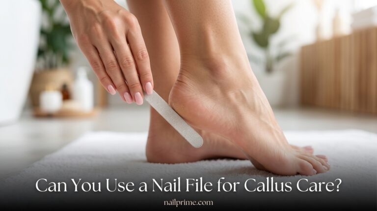 A person gently using a glass nail file on a small callus located just below their fingers on the palm of their hand.