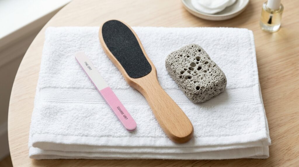 A small nail file next to a large wooden foot file and a pumice stone on a towel.