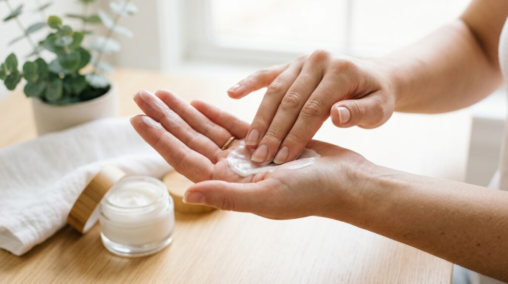 Hands rubbing a thick, hydrating cream into the palms and fingertips.