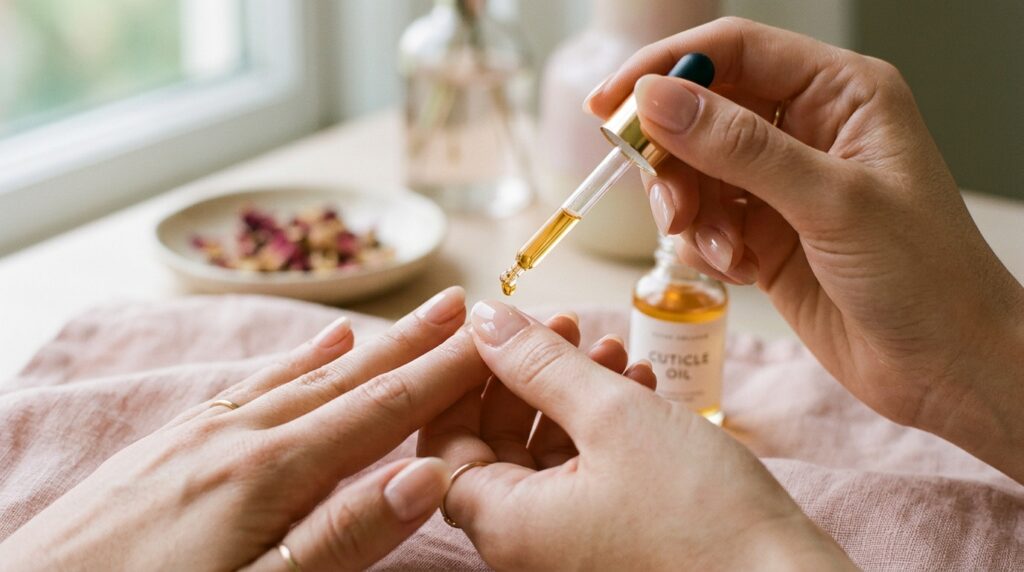 A woman applying nourishing cuticle oil to her healthy, manicured nails from a small glass dropper bottle.