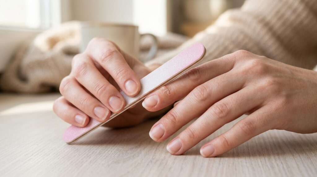 Person gently using a nail file to smooth a small callus on the palm of their hand.