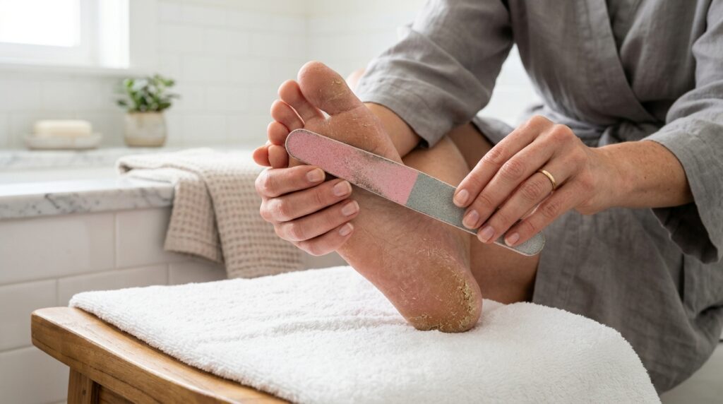 A close up of a woman holding a standard nail file next to a rough callus on her heel
