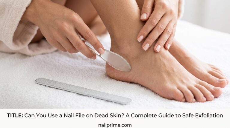 A woman applying nourishing cuticle oil to her healthy, manicured nails from a small glass dropper bottle.