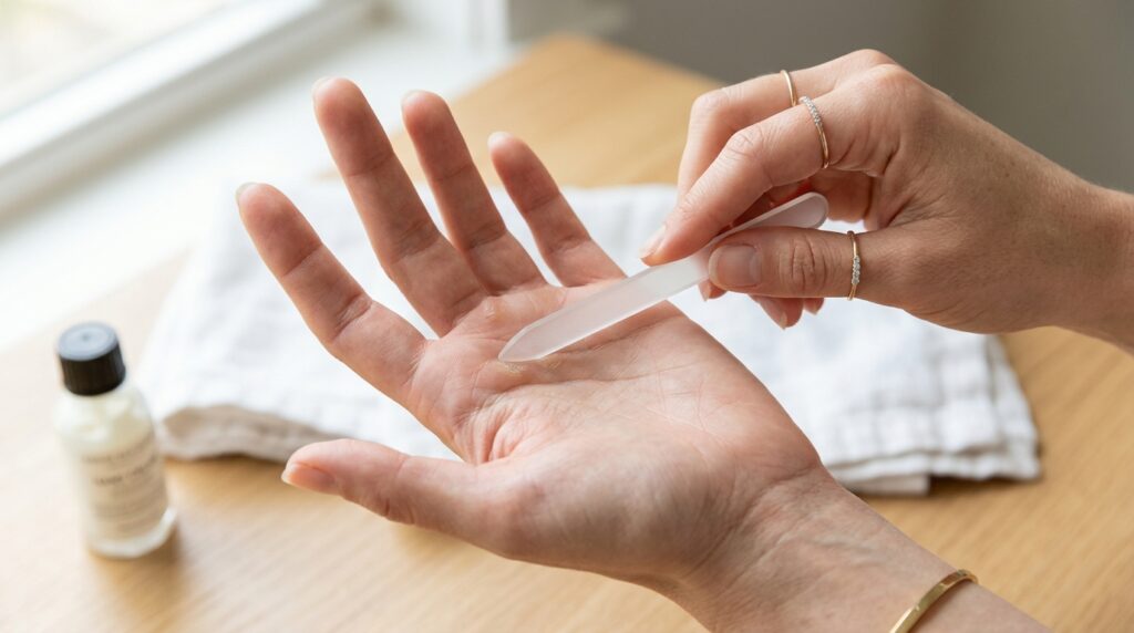 A person gently using a glass nail file on a small callus located just below their fingers on the palm of their hand.