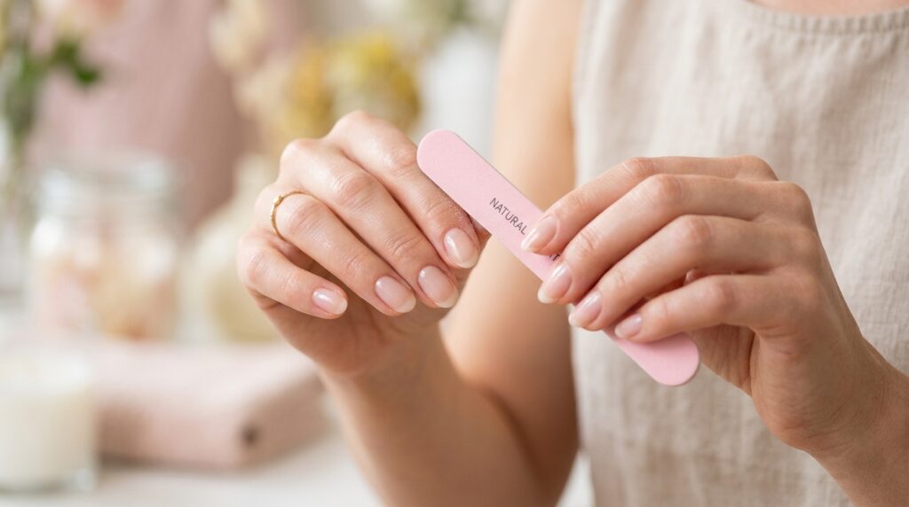 Close up of hands carefully filing a natural fingernail with a medium grit emery board.