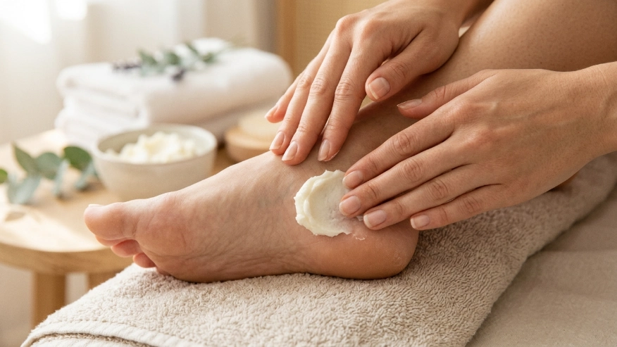 applying rich moisturizer to feet after callus removal