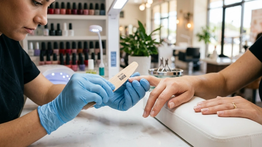 A professional nail technician carefully filing a client's fingernails in a bright salon.