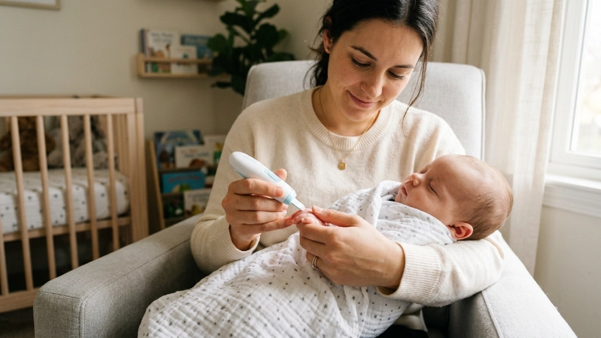 A mother gently using a baby electric nail file on her sleeping newborn's hand.