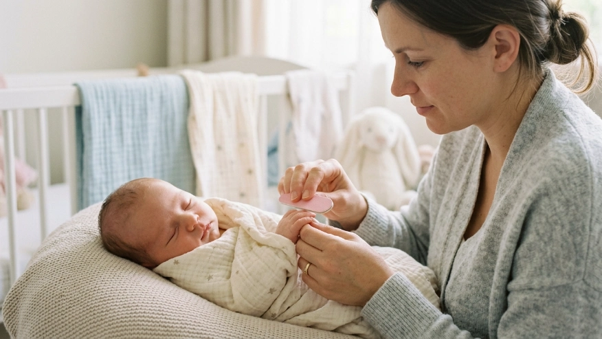 A mother gently using a baby nail file on her sleeping newborn's fingers.