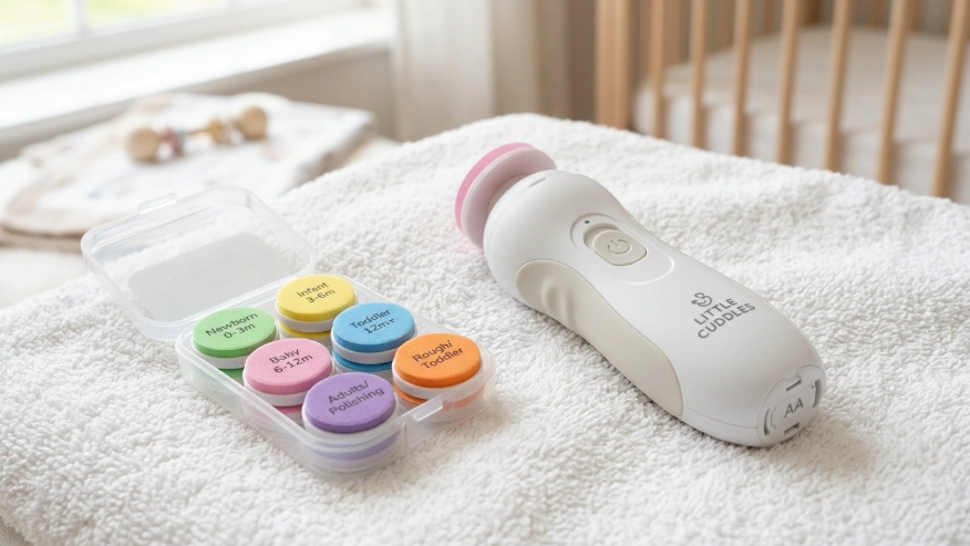 Close up of a battery-operated electric baby nail trimmer with a soft cushioned filing pad