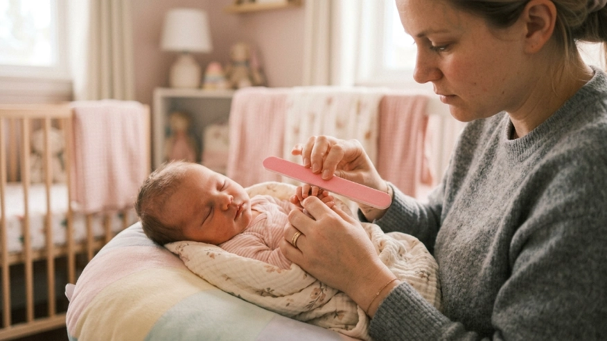 A mother gently using a baby nail file on her sleeping newborn's fingers.