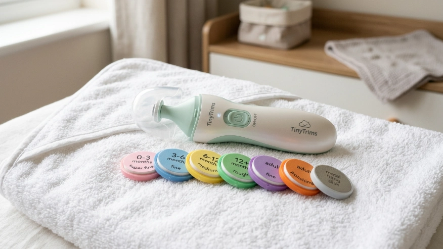 Close up of a battery-operated electric baby nail trimmer with a soft cushioned filing pad.