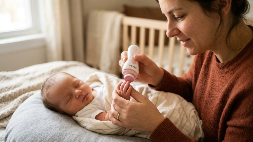  A parent using a safe electric nail file on a sleeping baby's hand