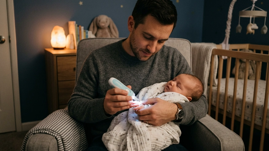 Sleeping infant getting fingernails trimmed with a gentle electric nail file