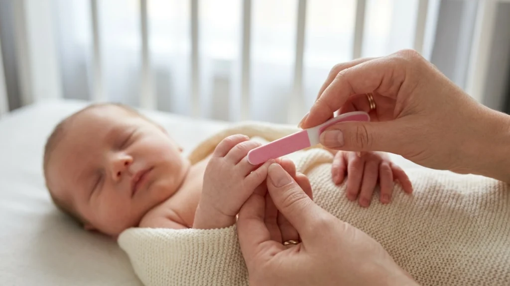 safely using a baby nail file on newborn fingernails