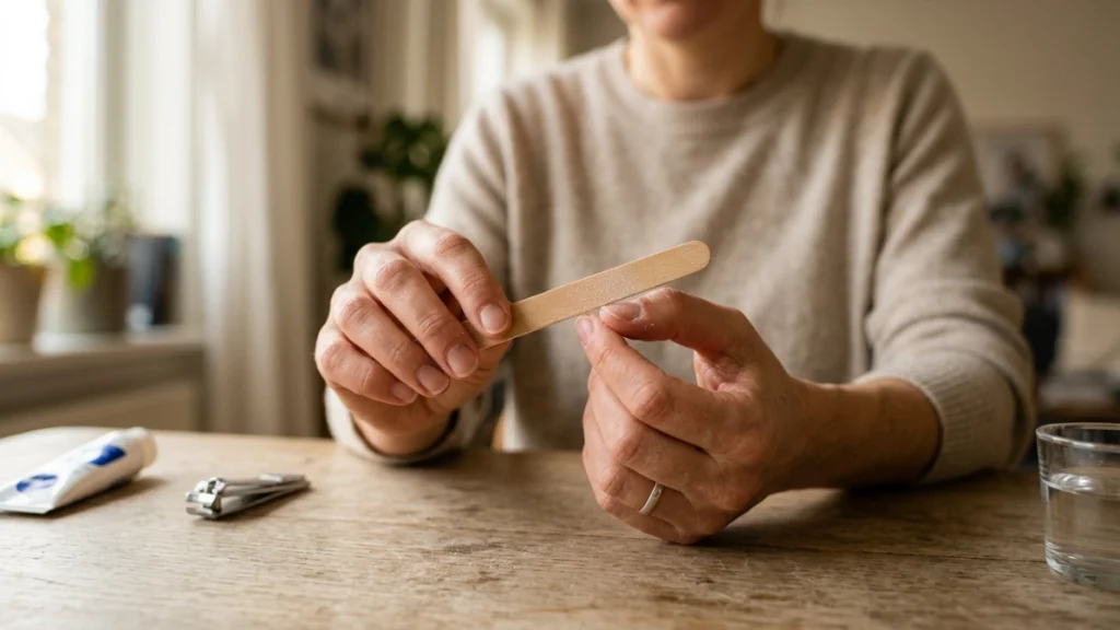 gentle nail filing technique using a fine nail file on natural nails