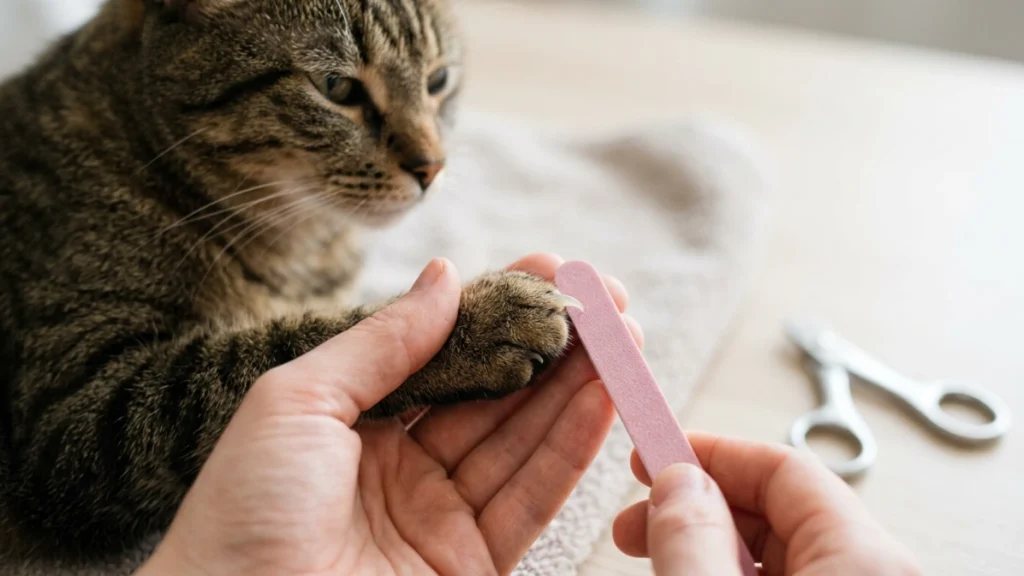 safe cat claw filing technique with fine nail file
