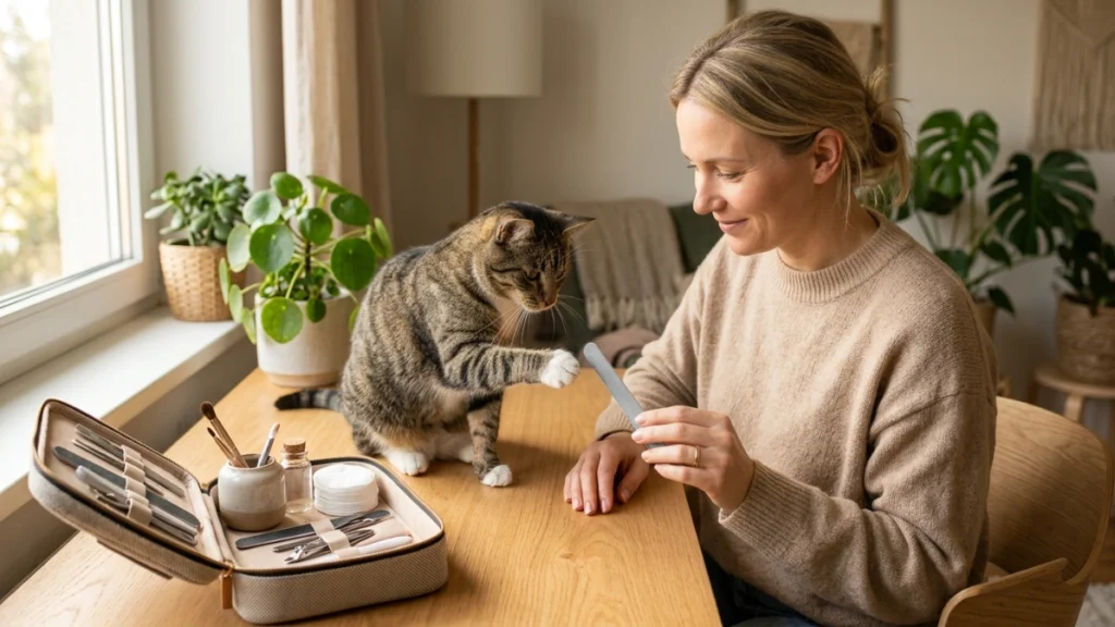 Curious cat near a nail file while exploring whether cats can play with nail files safely