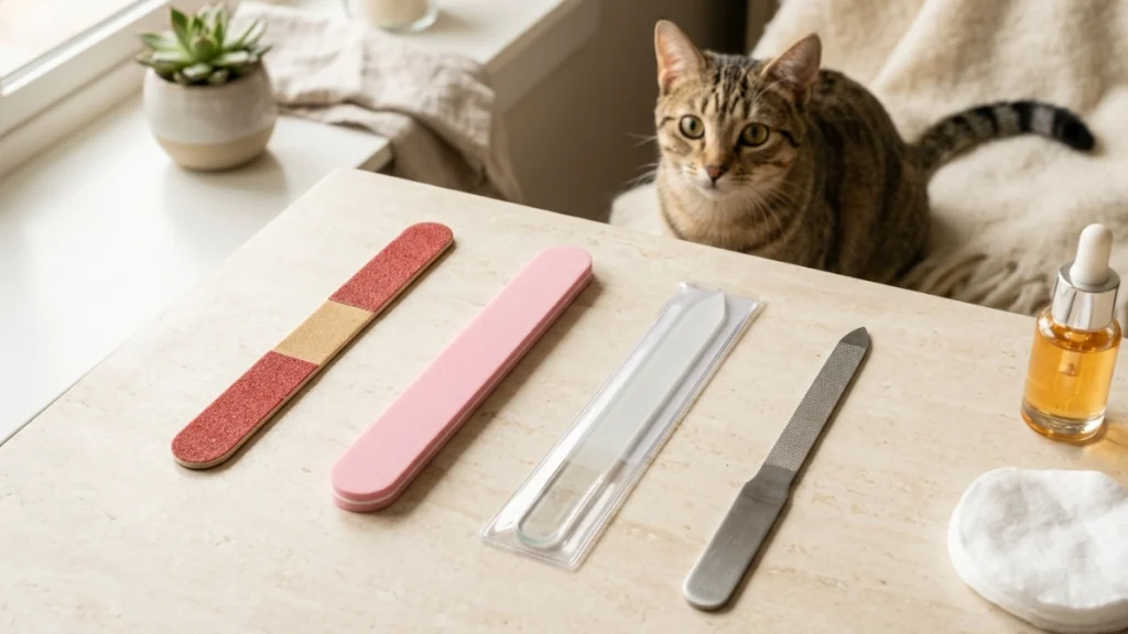 Emery board, glass nail file, foam buffer, and metal nail file kept safely away from a cat