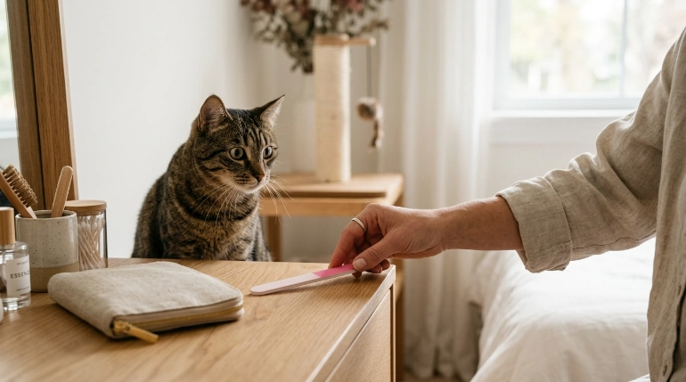 Can cats play with nail files safely during an at-home manicure