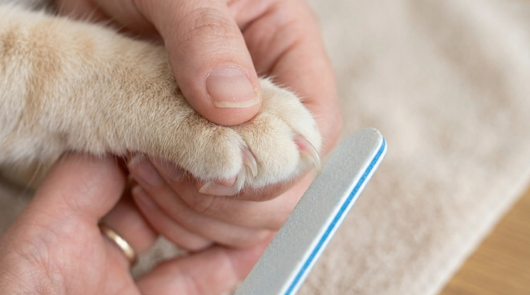 Safe cat nail filing showing claw tip and quick