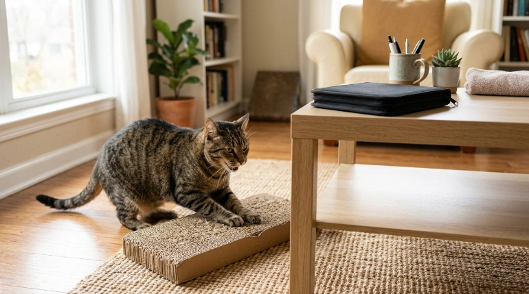 cat using scratching pad instead of chewing a nail file