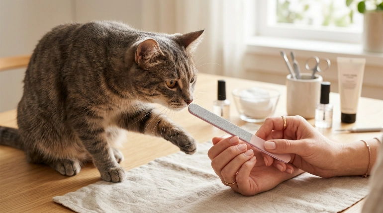 Cat biting a nail file while investigating manicure tools