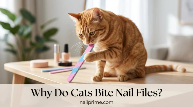 Cat biting a nail file while investigating manicure tools