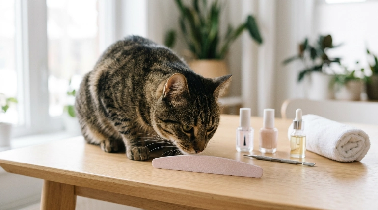 Curious cat showing why cats like to chew on nail files