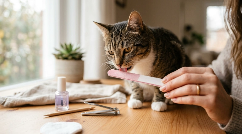curious cat showing why cats like to lick nail files