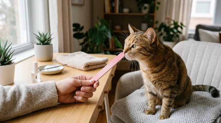 Why does my cat chew nail files during a manicure