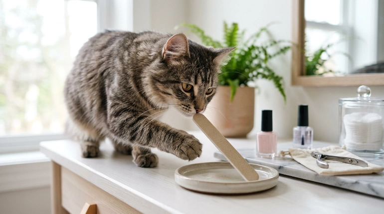 Curious cat showing why does my cat eat nail files behavior near manicure tools