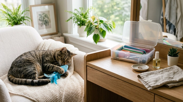 Safe nail file storage to prevent a cat from chewing or eating nail files