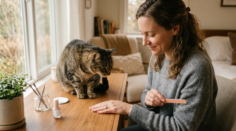 Why does my cat lick nail files during a manicure