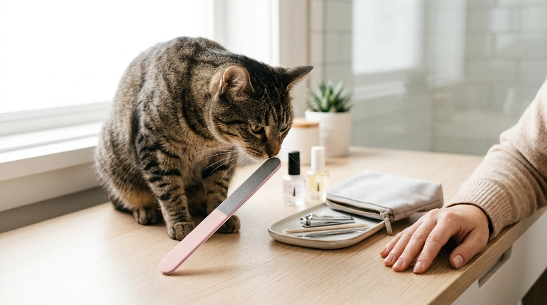 Cat biting a nail file while exploring manicure tools at home
