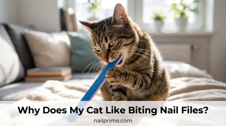 Cat biting a nail file while exploring manicure tools at home