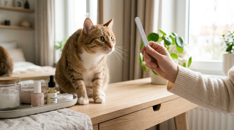 Cat investigating a nail file while explaining why does my cat want to eat nail files