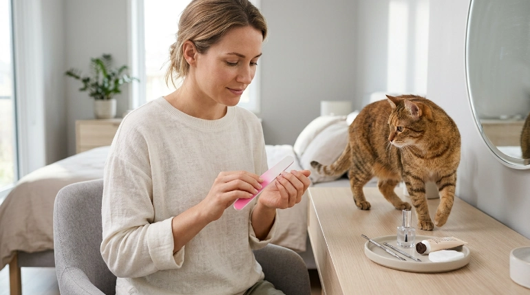 Cat moving away while owner uses a nail file, showing why don't cats like nail files