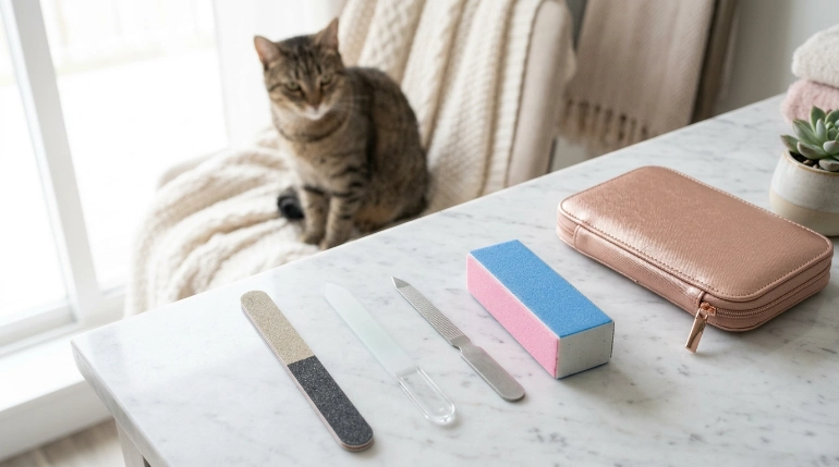Different nail file types stored safely away from a curious cat