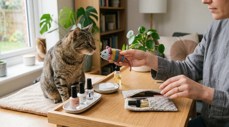 Redirecting a cat from chewing a nail file to a safe toy