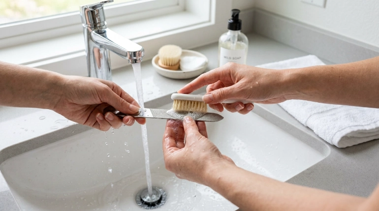 cleaning a reusable diamond nail file with soap and soft brush