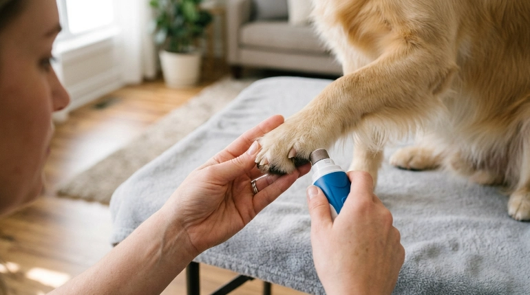 Safely filing a dog's nails with a dog nail grinder