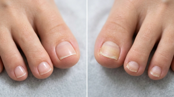 Healthy toenail vs unhealthy toenail warning signs comparison