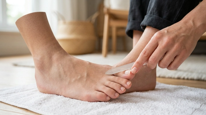 gently filing toenails after trimming straight across