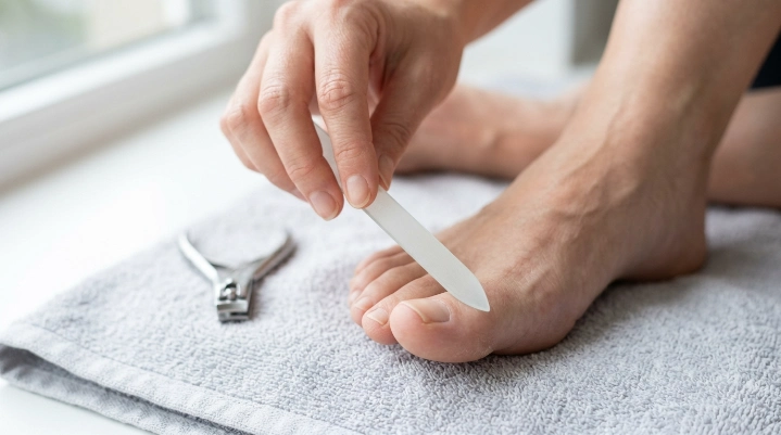 Gentle nail file technique for healthy toenail care