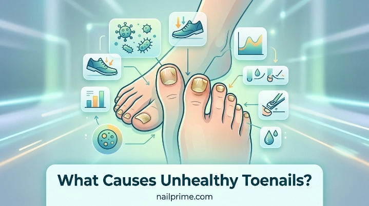 What causes unhealthy toenails showing common discoloration and thickening signs