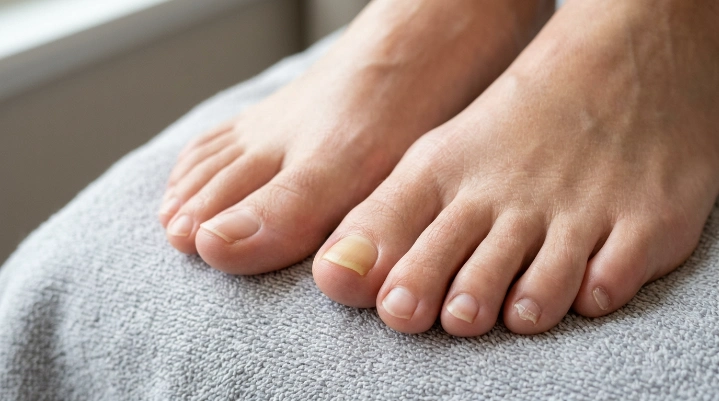 What causes unhealthy toenails showing common discoloration and thickening signs