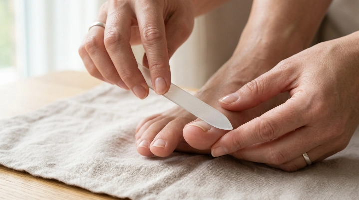 Gentle toenail filing between pedicures using a glass nail file